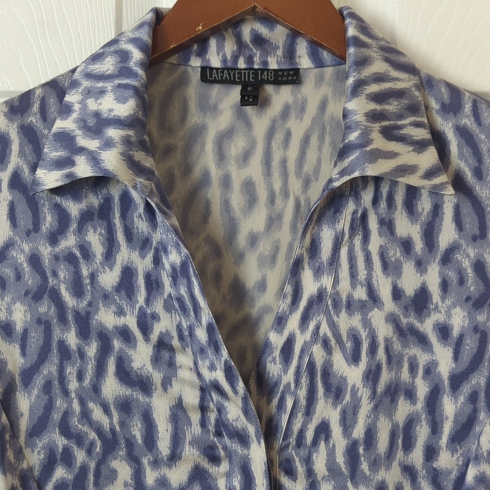 Lafayette 148 Leopard Printed Silk Long Sleeve Button Down Blouse Purple Grey 6 - Picture 2 of 11